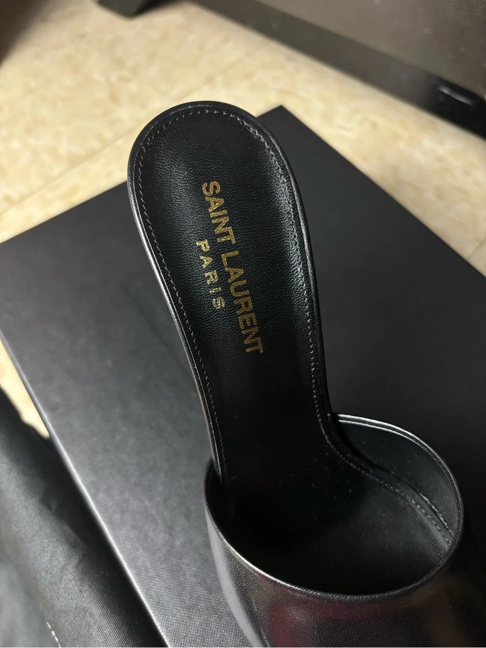 Saint Laurent Black Leather Peep-Toe Mule Heels - Picture 5 of 9